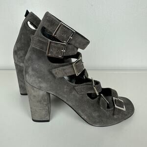 NWOB Saint Laurent Womens Suede Strappy Gladiator Block Heel Grey Sandals EU 36
